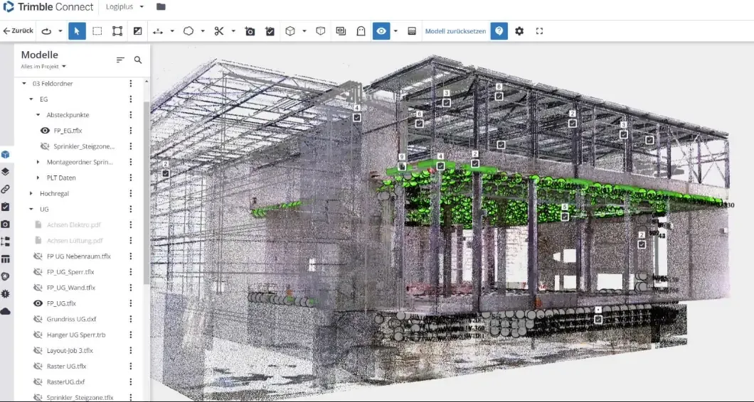 3D scan of a building model displayed in Trimble Connect software.