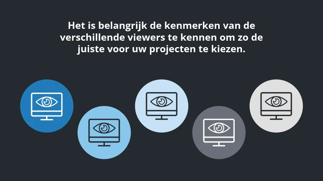 Vijf kleurrijke cirkels met browser- of oogpictogrammen op een blauwe achtergrond, over het kiezen van de juiste viewer voor projecten.