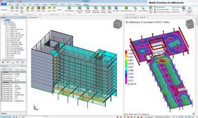 Tekla Structural Designer software displaying a 3D building model and deflection analysis.