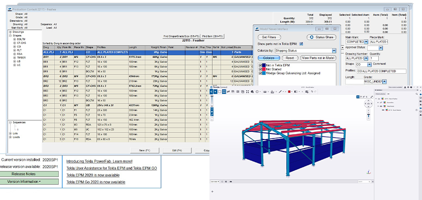The image displays a split screen showing production control software on the left and a 3D model of a steel structure on the right.