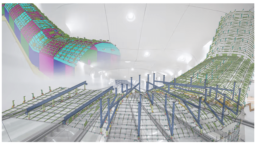 3D rendering of a complex architectural structure with a grid-like facade and blue support beams, suggesting advanced construction or design.