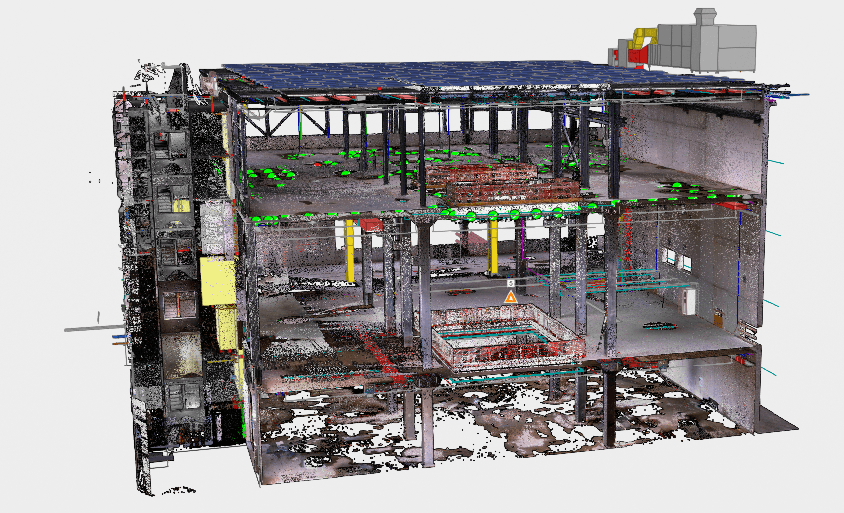 3D scan of a building showing structural elements, solar panels, and construction details.