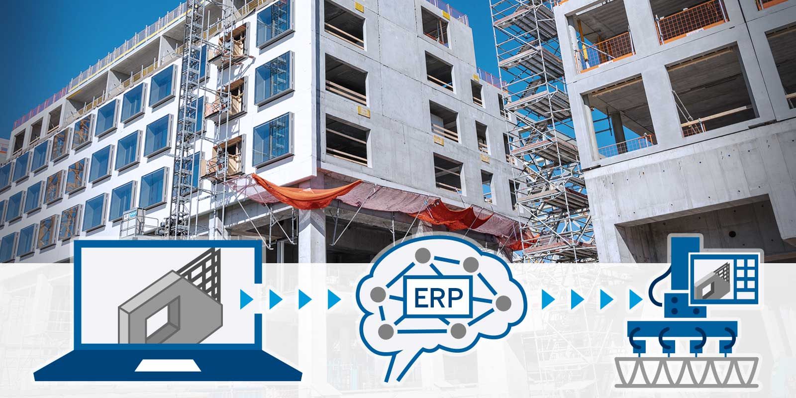 An illustration shows a building under construction, a laptop displaying a 3D model, a brain graphic with ERP inside, and a 3D printing machine.