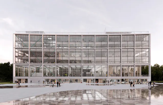 A modern, multi-story glass building with an open, airy design stands against a pale sky, reflecting in a wet plaza in front of it.