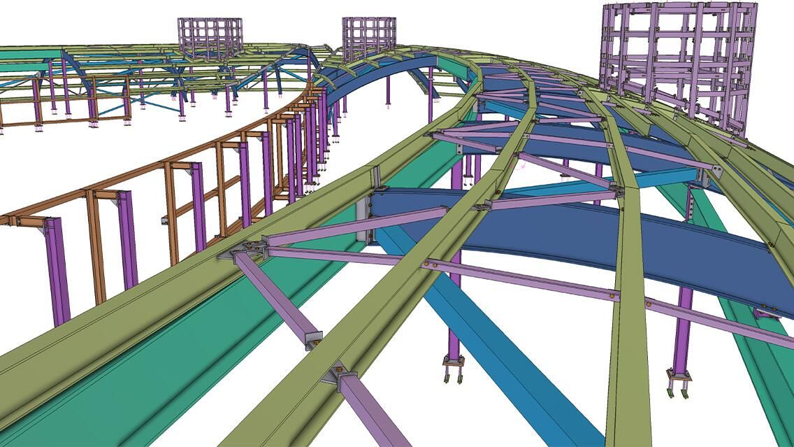 A 3D rendering shows a complex steel structure with curved beams and supports in various colors, including green, blue, and purple.