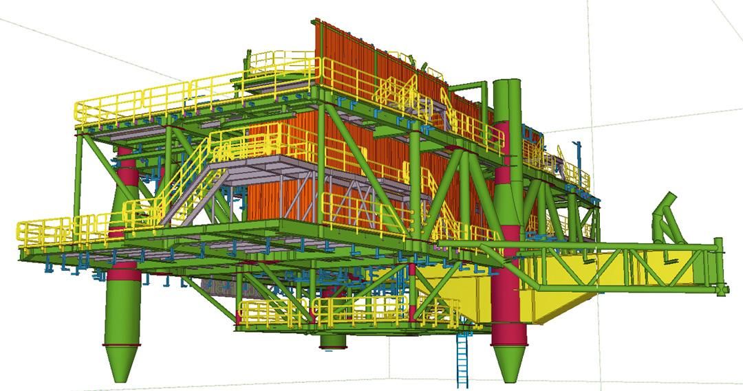 Tekla 3D model of an offshore platform, with support structures, orange and red modules and safety railings.