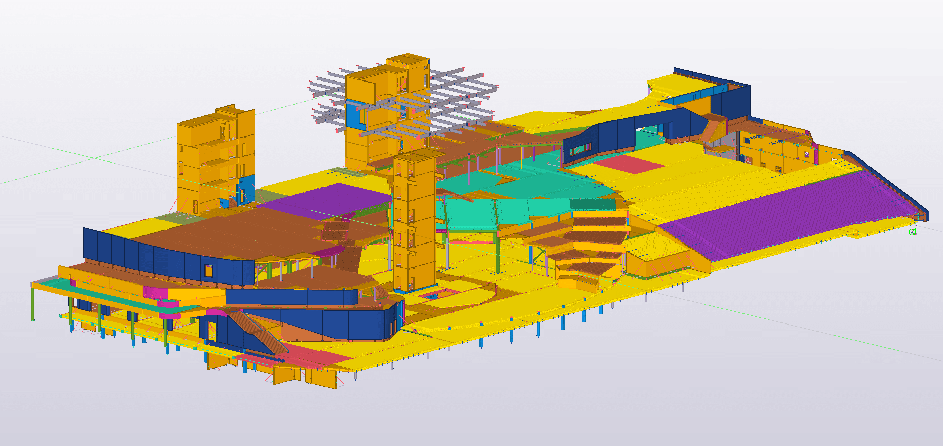 3D model of a large building with different colored sections representing various components.