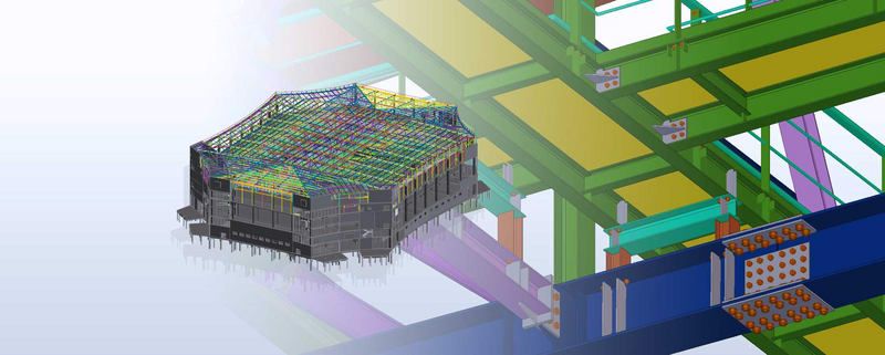 3D rendering of a building's structural framework with a detailed model of a complex building in the foreground.