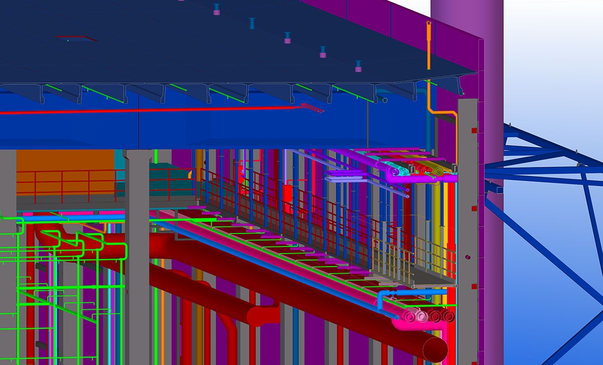 3D model of a complex industrial facility showcasing intricate pipework, ducting, and structural elements in various colors.