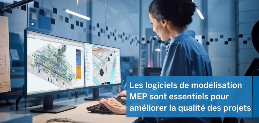 Woman working on dual monitors displaying MEP modeling software with text overlay.