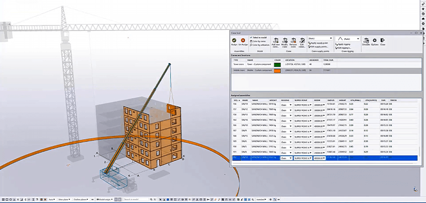 A 3D rendering shows a crane lifting a modular building onto a multi-story wooden structure. A digital interface shows construction data on the right.