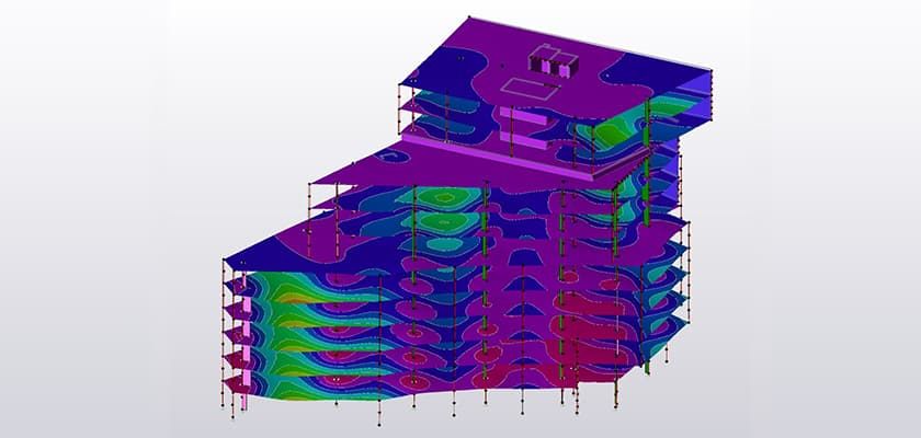 Tekla Structural Designer model of Burlington House showing slab deflections