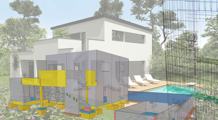 Architectural rendering of a modern house with pool, showing structural components and framing overlaid.