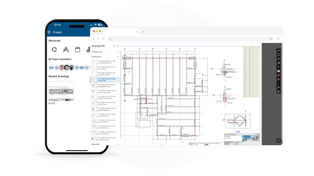 Smartphone and web browser displaying ProjectSight construction project management software and blueprints.