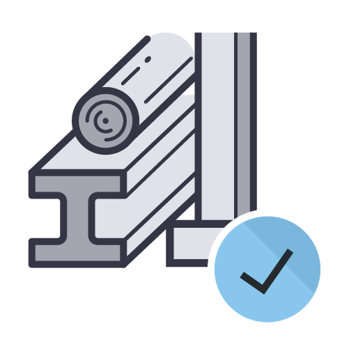 An icon of steel beams and a circular saw, with a checkmark in a blue circle, symbolizing efficiency and quality in construction.