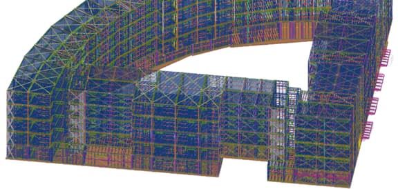 Tekla 3D render of a complex steel structure for a building