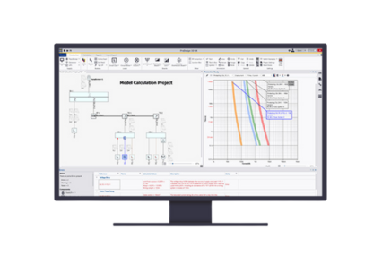 A computer monitor displays electrical engineering software with a schematic diagram and a graph.