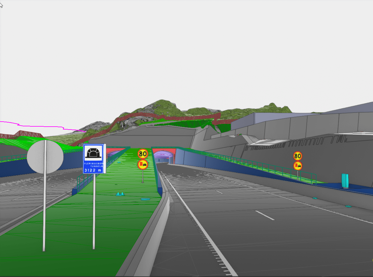 3D rendering of a road leading into a tunnel with signage indicating a tunnel entrance and a speed limit.