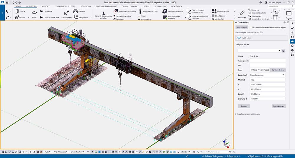 In Tekla Structures wird mit Punktwolke und 3D-Modell der IST-Stand der Anlage überprüft.