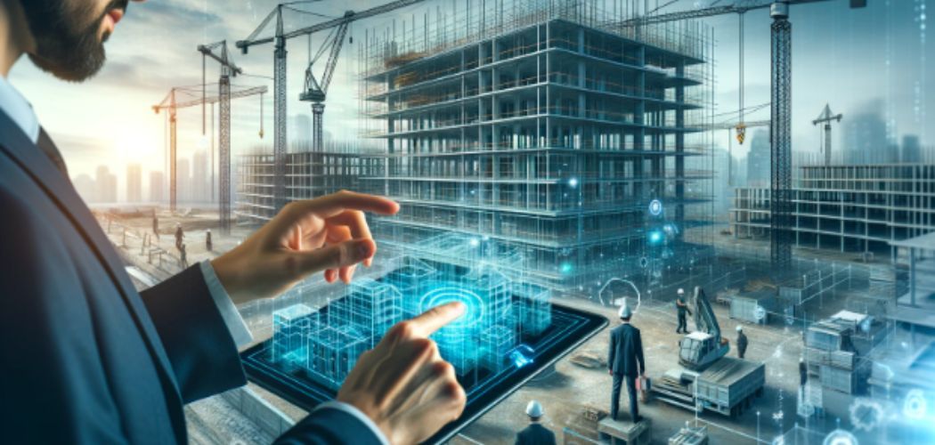 A man in a suit uses a tablet displaying a 3D model of a building, with a construction site and cranes visible in the background.