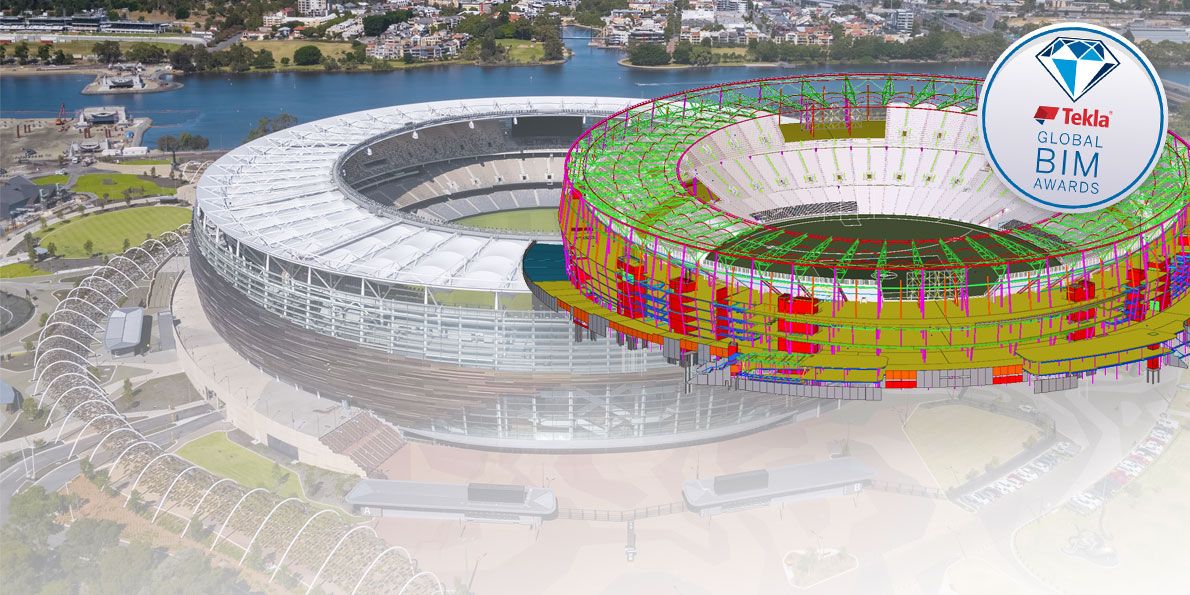 A digital Tekla 3D model of Optus Stadium overlaid on a photo of the actual stadium.