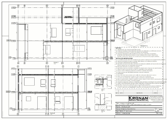 Architectural blueprint with a 3D perspective view of a house and detailed floor plans, elevation views, and technical notes.