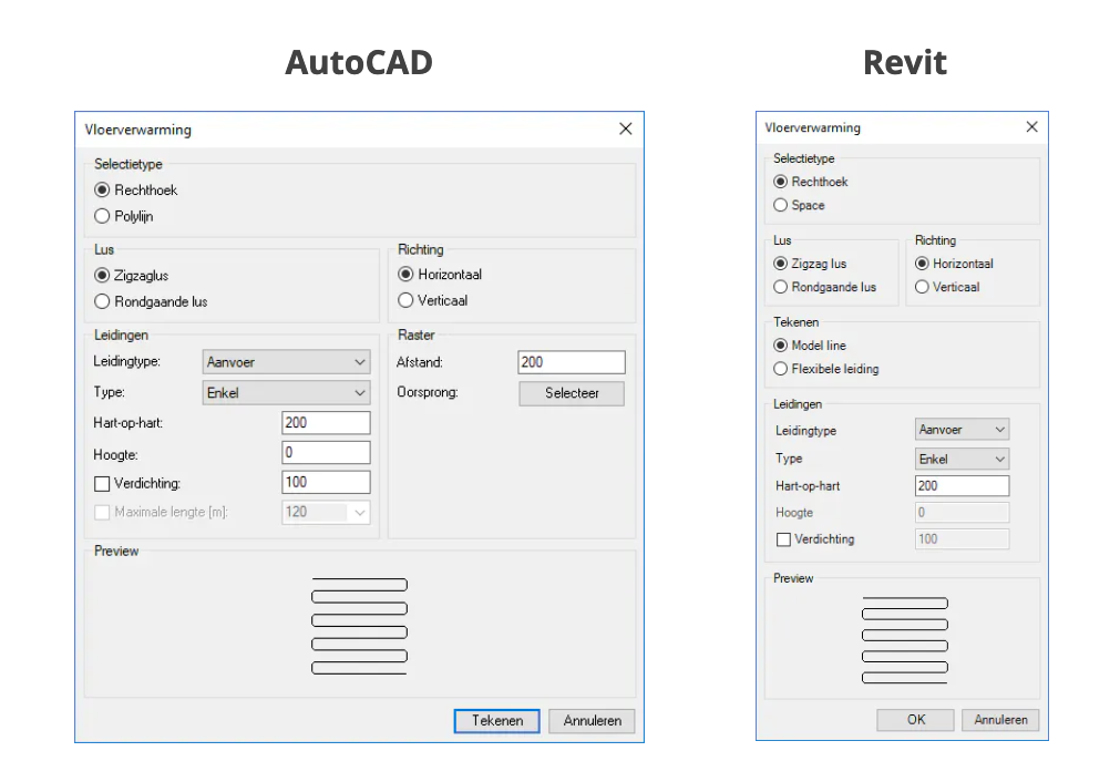 Vergelijking van instellingen voor vloerverwarming in de software-interfaces van AutoCAD en Revit.