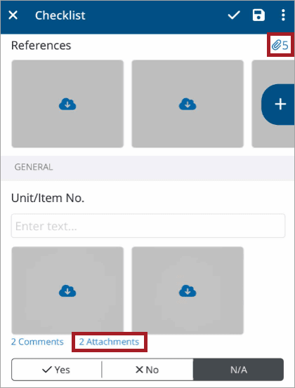 Checklist screen with references and attachment indicators.