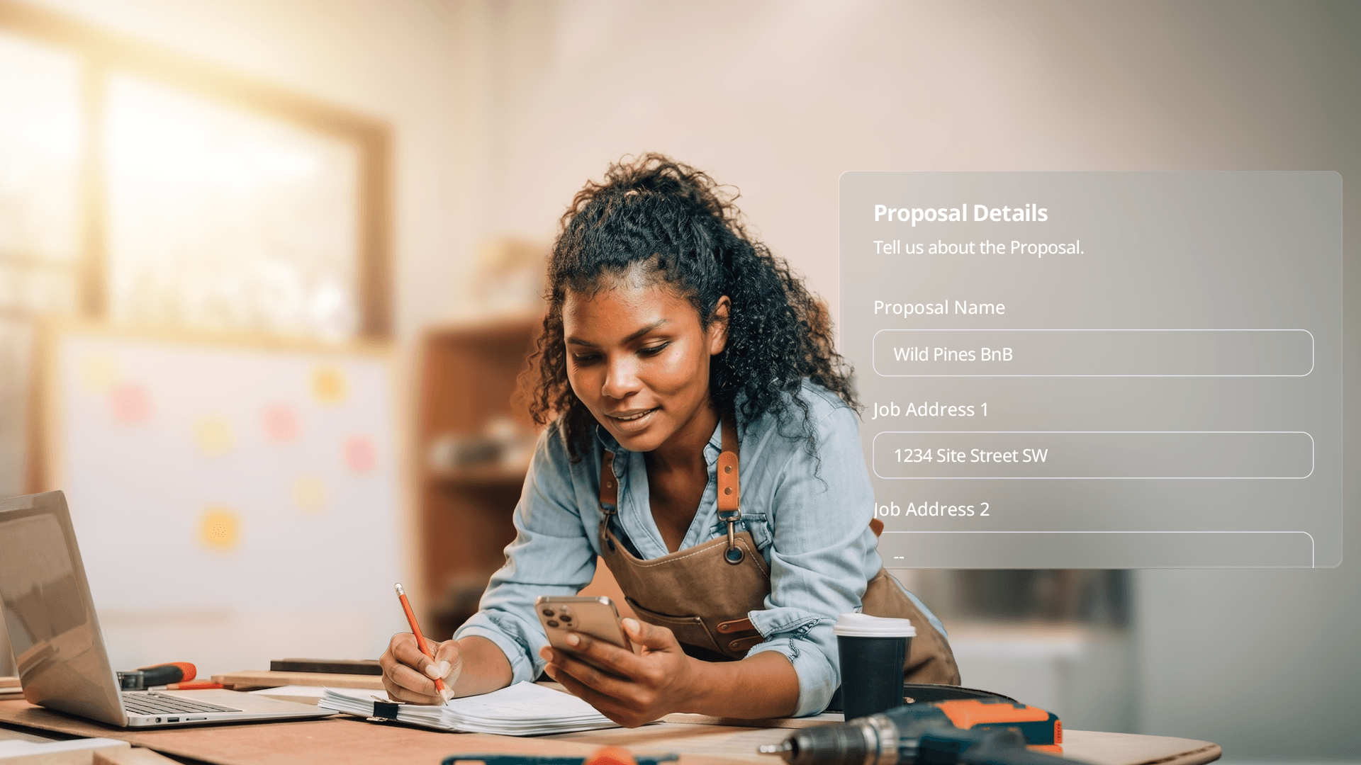 A female contractor writes in a notebook while checking her phone, next to a digital proposal overlay.