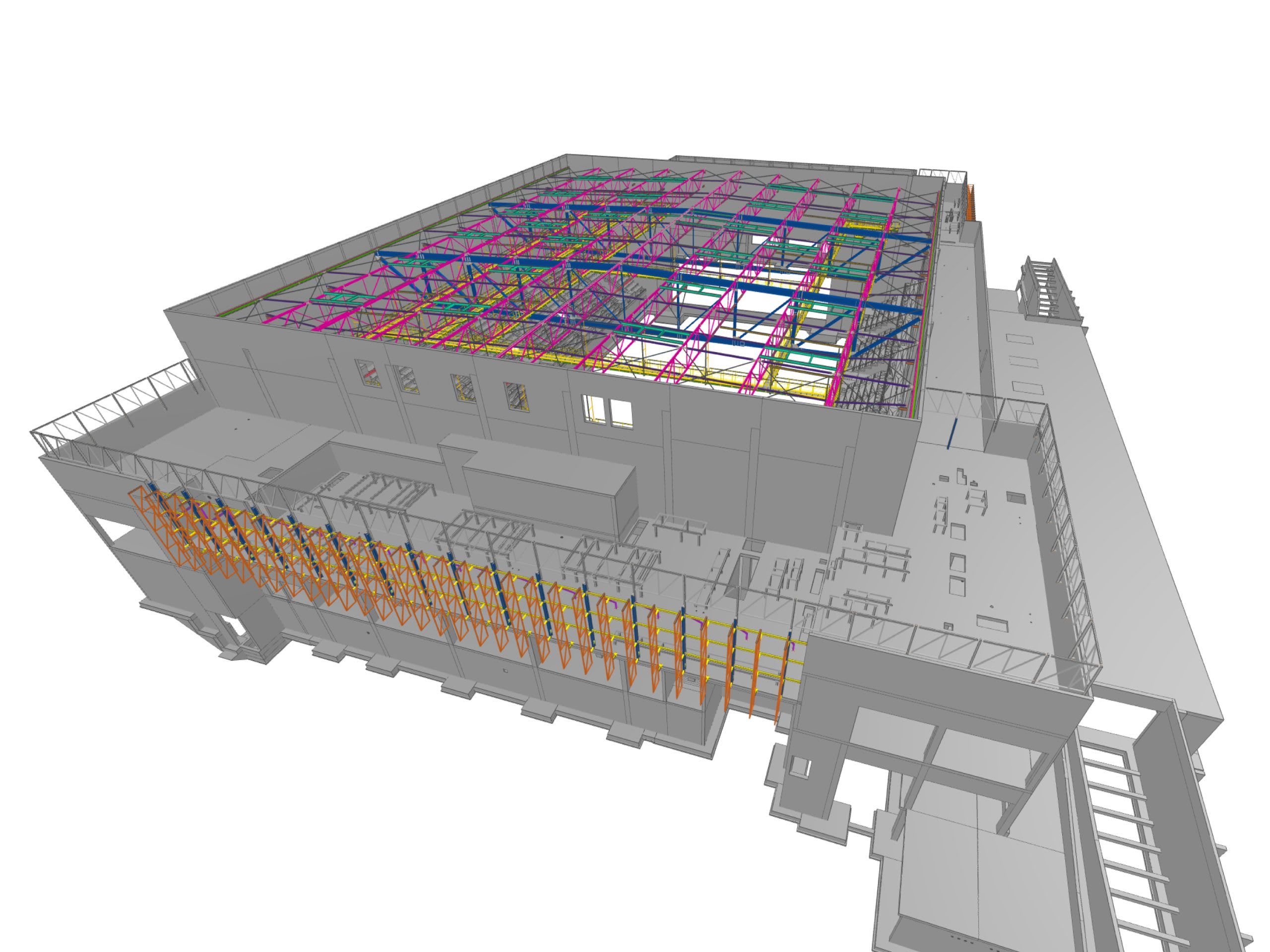 3D model of a warehouse with a complex, multi-colored steel structure visible through a translucent roof.