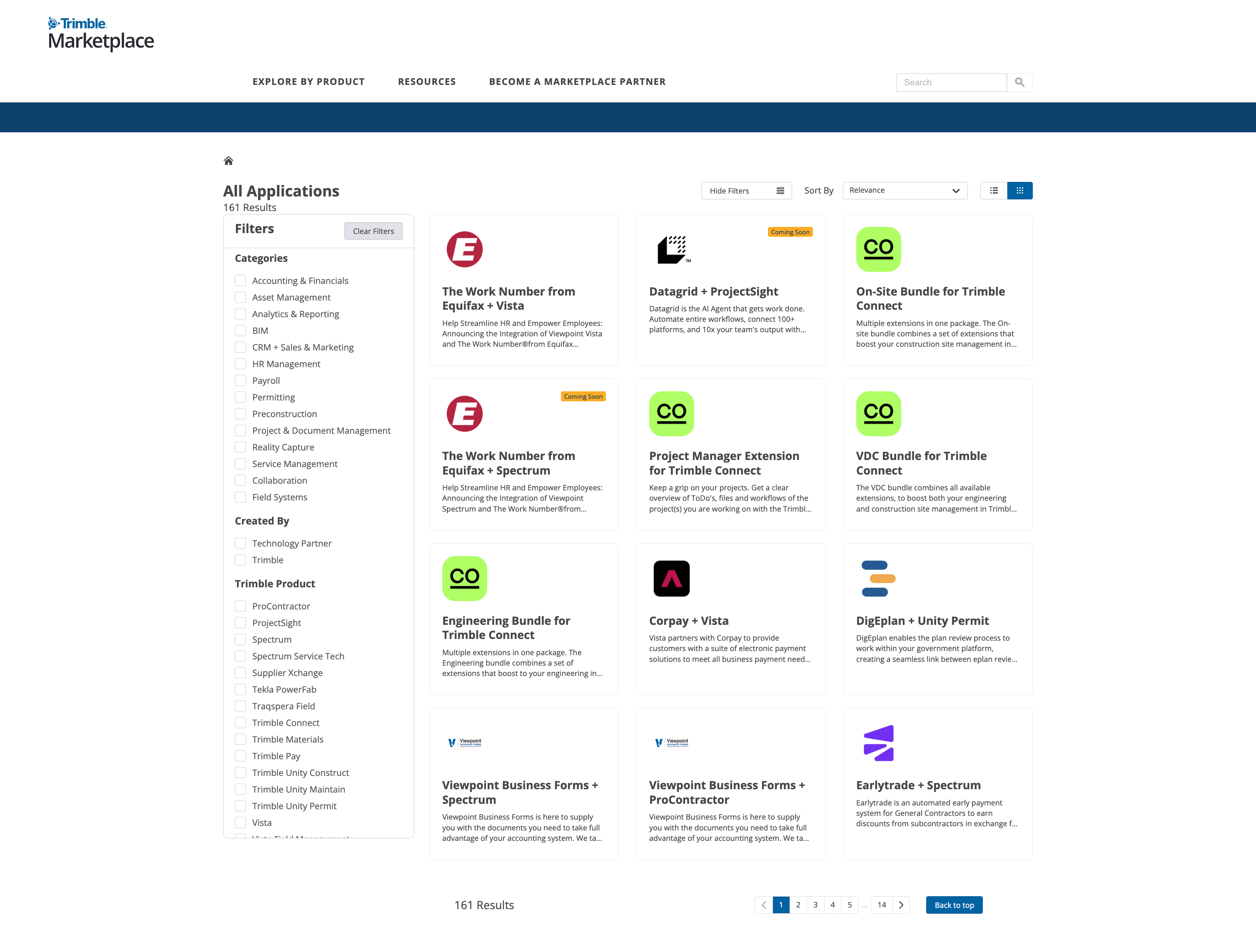Screen capture of the Trimble Marketplace website showing available integrations
