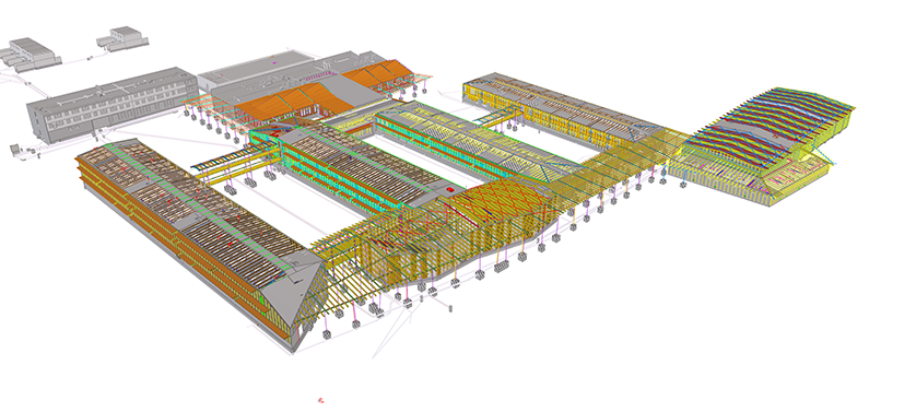 3D BIM model of a modern school building complex.