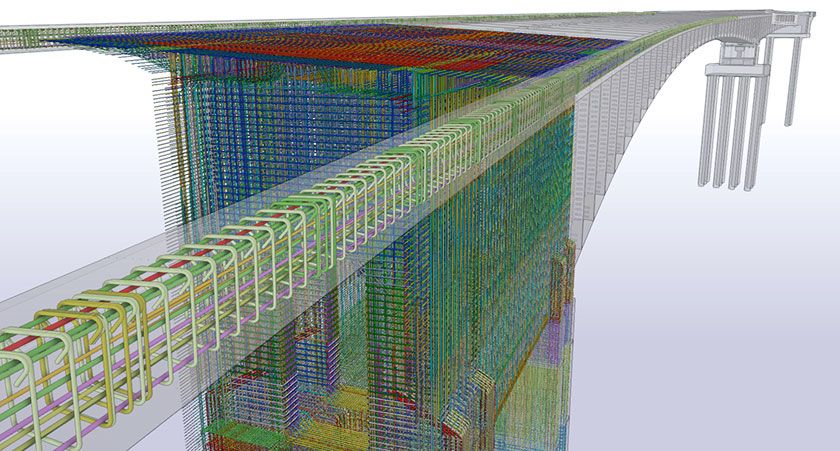 A wireframe rendering of a bridge under construction, showing the intricate steel reinforcement bars in various colors.