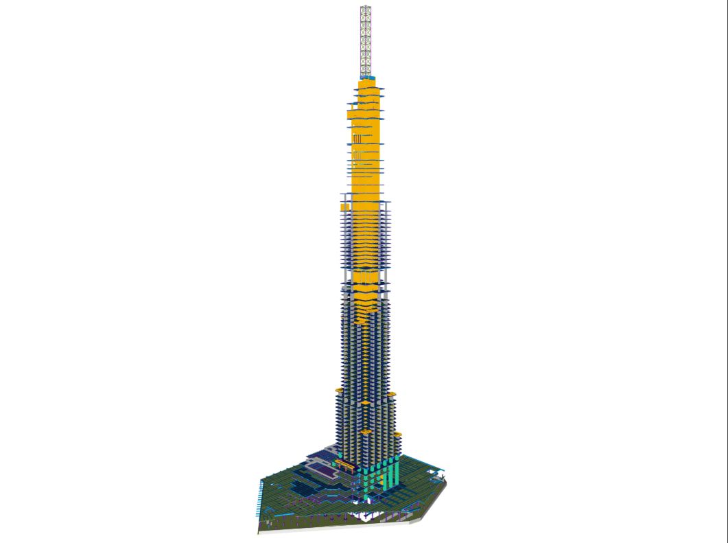 A 3D render of the Burj Khalifa skyscraper, in white with colorful highlights on its structure, against a white background.