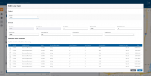 Screenshot of editing a contract line item, showing details and affected work initiatives.