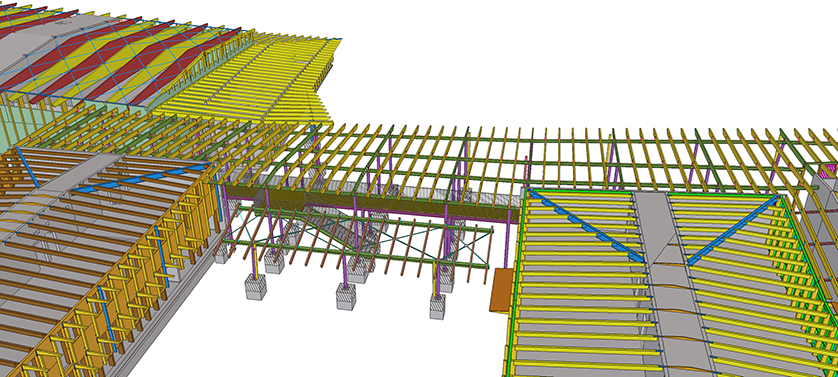 3D model of a building's structural framework, showcasing a complex arrangement of wooden and metal beams, columns, and roof trusses.