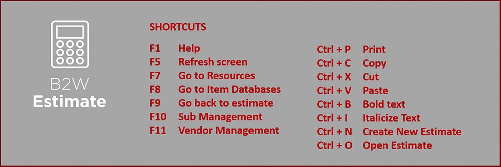 B2W Estimate shortcuts list, including F-keys and Ctrl combinations for various functions.