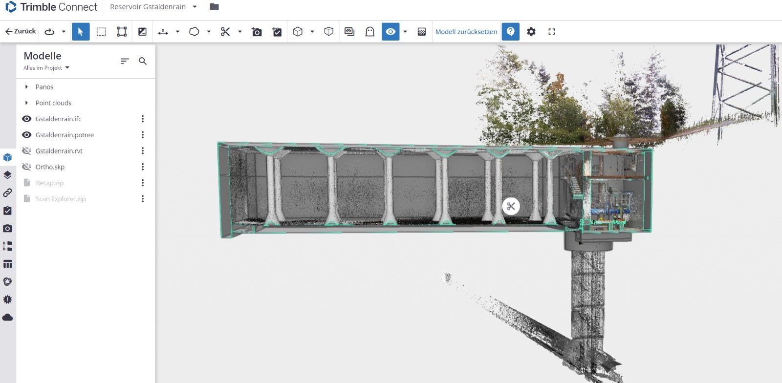 3D scan of a reservoir structure displayed in Trimble Connect software.
