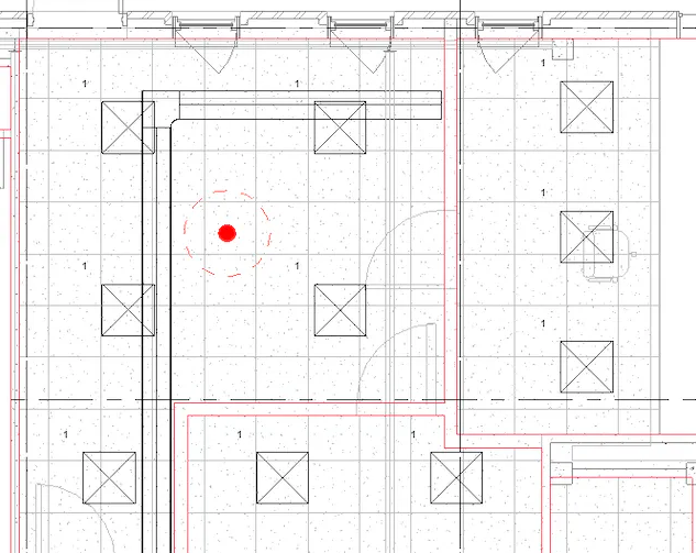 Floor plan with a red dot indicating a central location.