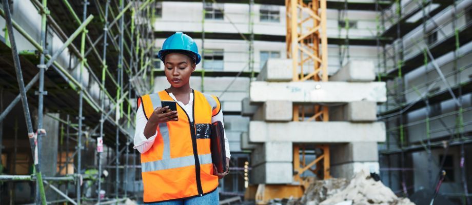 A construction worker in a hard hat and safety vest looks at her phone on a construction site.