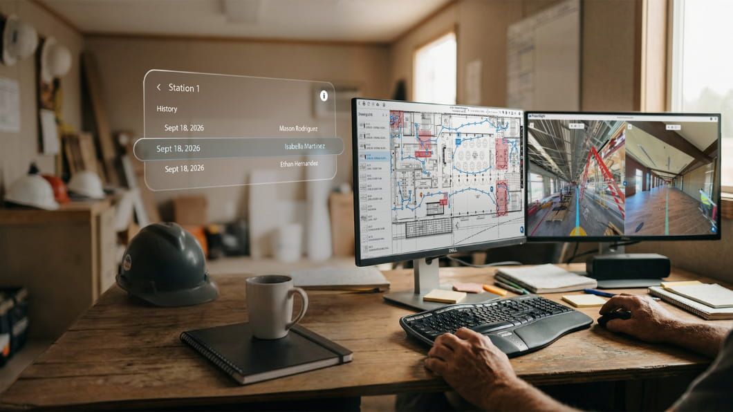 Person using ProjectSight 360 Capture on monitors showing floor plans, 360 site views and station history.