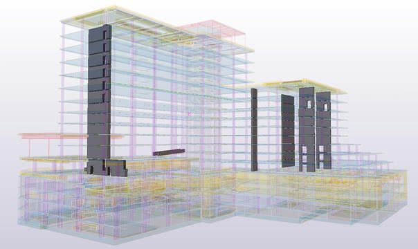 3D BIM model showing the installation of prefabricated concrete facade elements on a building under construction.