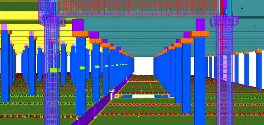 3D model of a bridge structure showing columns, beams, and deck.