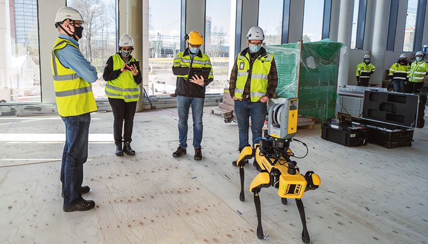Spot the robot equipped with Trimble X7 scanner visiting the construction site of Trimble's Espoo office