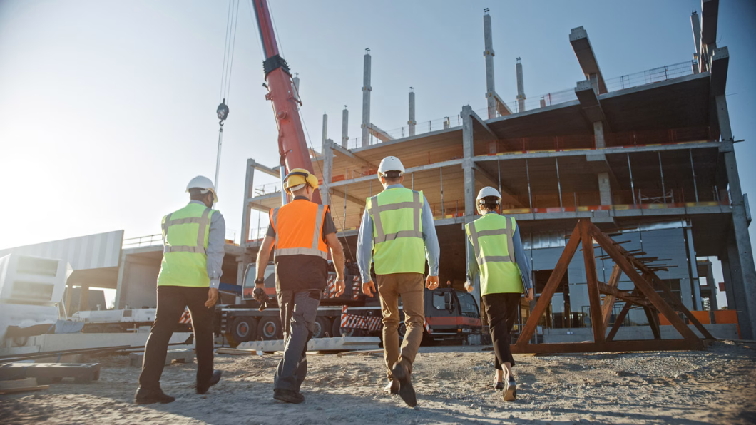 Four people wearing hardhats and safety vests walk toward a building construction site.