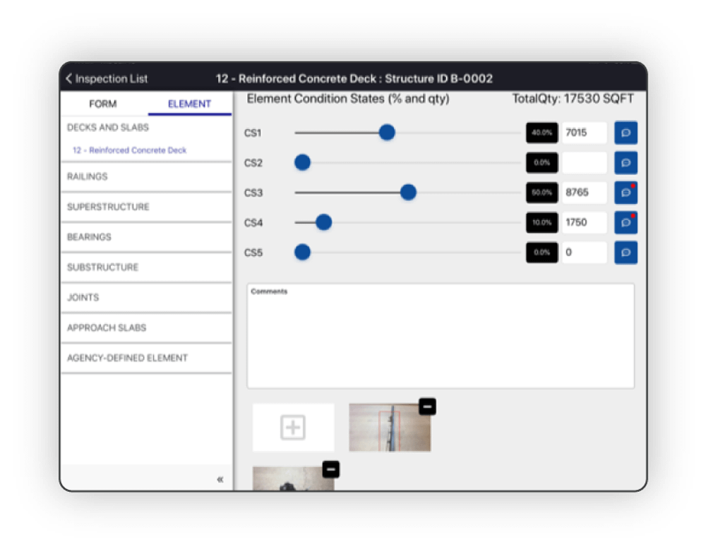 Screenshot of a concrete deck inspection report showing element condition states and quantities.