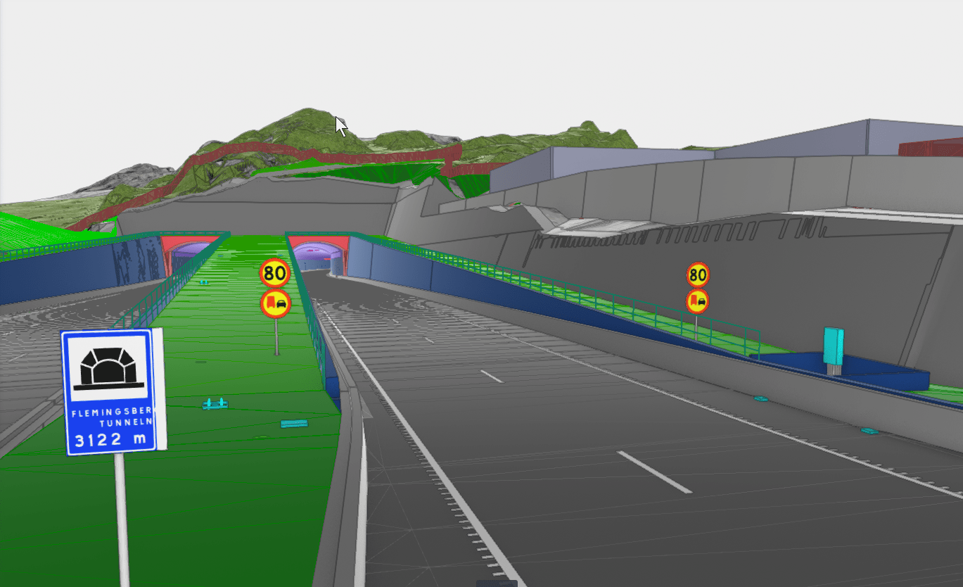 3D rendering of the Flemmingsberg Tunnel, showing road signs indicating an 80 km/h speed limit and tunnel entrance.