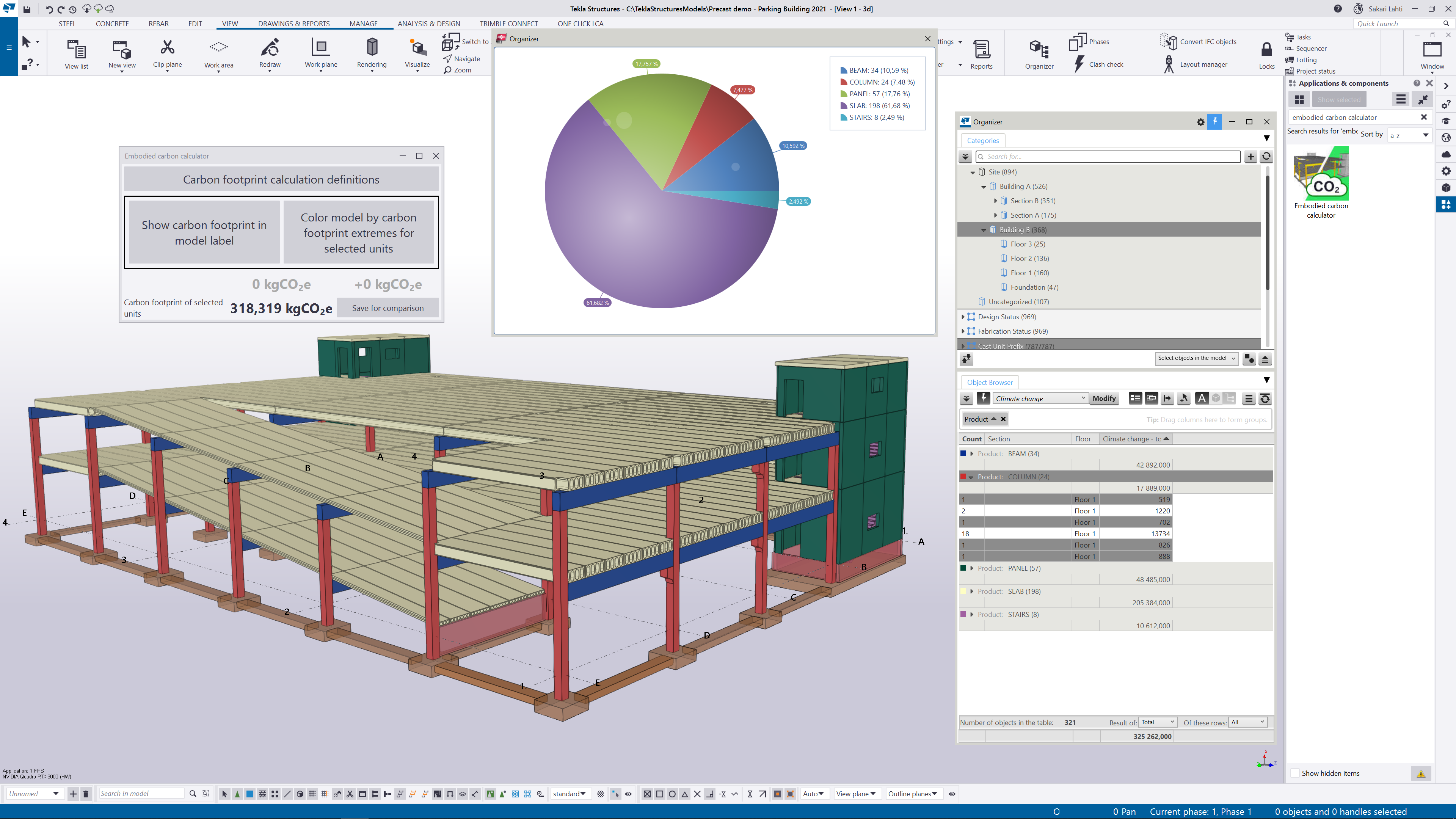 Screenshot of a 3D building model with a carbon footprint calculation interface, a pie chart showing carbon breakdown.