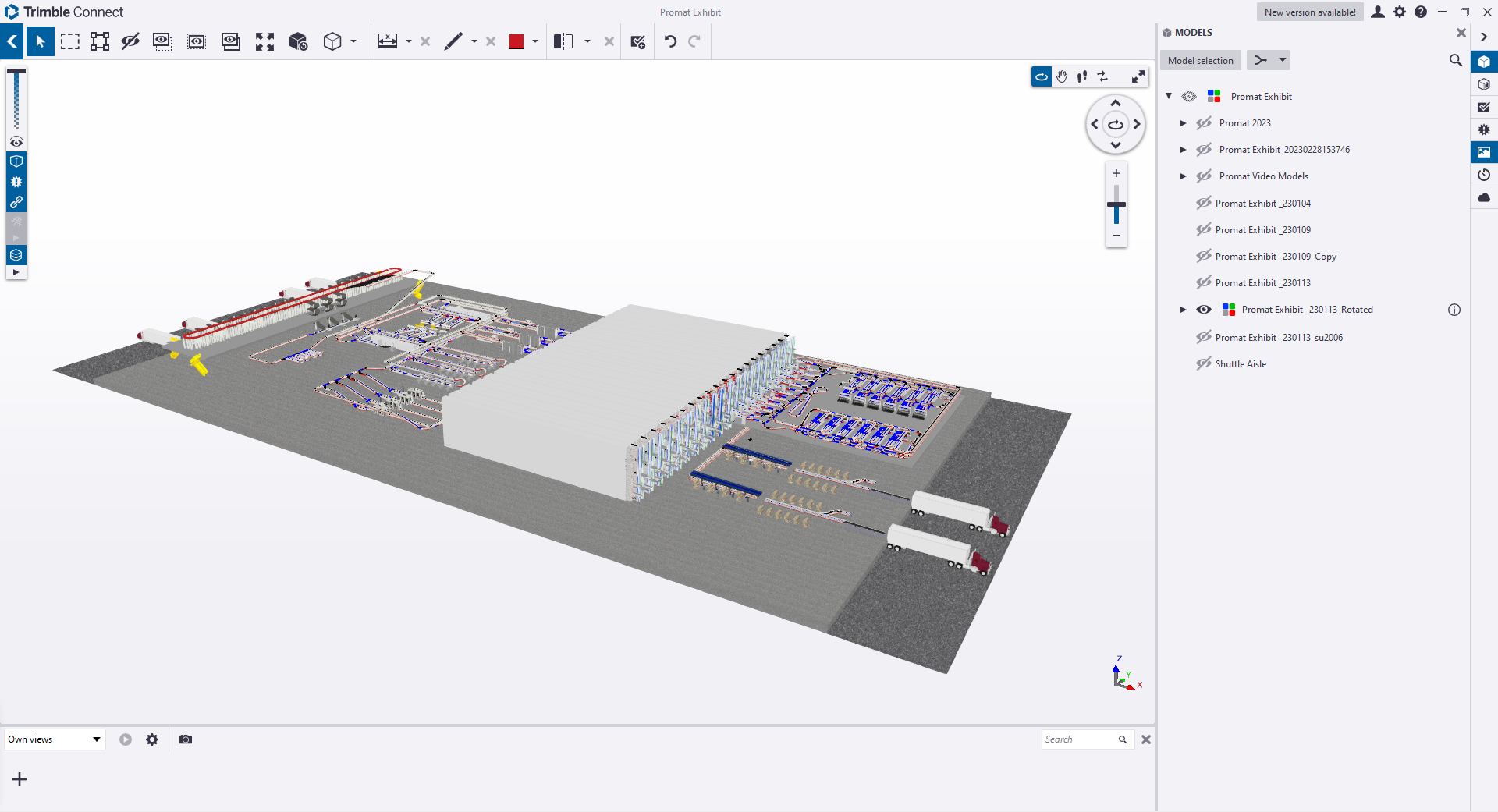 3D model of a warehouse and logistics facility with trucks at loading docks.