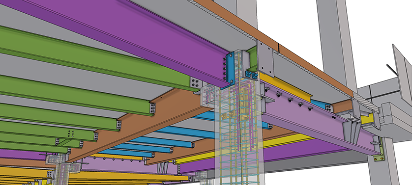 3D rendering of a building's steel structure with colored beams, showing the floor and ceiling joists.